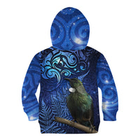 New Zealand Tui Bird Matariki Kid Hoodie Maori New Year with Galaxy Fern