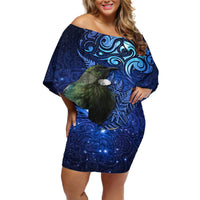 New Zealand Tui Bird Matariki Off Shoulder Short Dress Maori New Year with Galaxy Fern LT03 Women Blue - Polynesian Pride