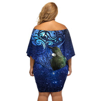 New Zealand Tui Bird Matariki Off Shoulder Short Dress Maori New Year with Galaxy Fern LT03 - Polynesian Pride