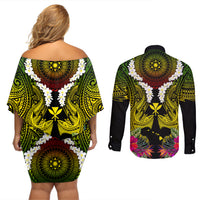 Hawaii Kanaka Maoli Couples Matching Off Shoulder Short Dress and Long Sleeve Button Shirt Double Shark and Hibiscus Flowers LT03 - Polynesian Pride