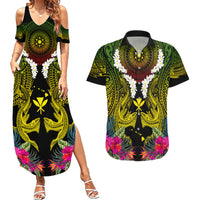 Hawaii Kanaka Maoli Couples Matching Summer Maxi Dress and Hawaiian Shirt Double Shark and Hibiscus Flowers LT03 Black - Polynesian Pride