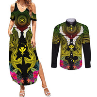 Hawaii Kanaka Maoli Couples Matching Summer Maxi Dress and Long Sleeve Button Shirt Double Shark and Hibiscus Flowers LT03 Black - Polynesian Pride