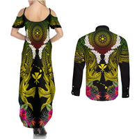 Hawaii Kanaka Maoli Couples Matching Summer Maxi Dress and Long Sleeve Button Shirt Double Shark and Hibiscus Flowers LT03 - Polynesian Pride