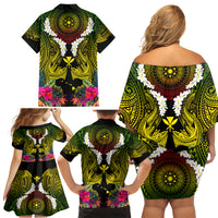 Hawaii Kanaka Maoli Family Matching Off Shoulder Short Dress and Hawaiian Shirt Double Shark and Hibiscus Flowers