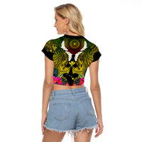 Hawaii Kanaka Maoli Raglan Cropped T Shirt Double Shark and Hibiscus Flowers