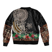 Samoa Siapo Polynesian Art Bomber Jacket Tropical Flowers and Tatau Pattern Brown