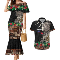 Samoa Siapo Polynesian Art Couples Matching Mermaid Dress and Hawaiian Shirt Tropical Flowers and Tatau Pattern Brown