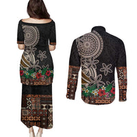 Samoa Siapo Polynesian Art Couples Matching Puletasi and Long Sleeve Button Shirt Tropical Flowers and Tatau Pattern Brown