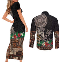 Samoa Siapo Polynesian Art Couples Matching Short Sleeve Bodycon Dress and Long Sleeve Button Shirt Tropical Flowers and Tatau Pattern Brown