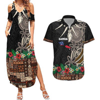 Samoa Siapo Polynesian Art Couples Matching Summer Maxi Dress and Hawaiian Shirt Tropical Flowers and Tatau Pattern Brown