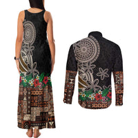 Samoa Siapo Polynesian Art Couples Matching Tank Maxi Dress and Long Sleeve Button Shirt Tropical Flowers and Tatau Pattern Brown