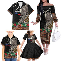 Samoa Siapo Polynesian Art Family Matching Off The Shoulder Long Sleeve Dress and Hawaiian Shirt Tropical Flowers and Tatau Pattern Brown