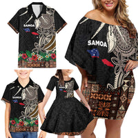 Samoa Siapo Polynesian Art Family Matching Off Shoulder Short Dress and Hawaiian Shirt Tropical Flowers and Tatau Pattern Brown