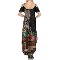 Samoa Siapo Polynesian Art Family Matching Summer Maxi Dress and Hawaiian Shirt Tropical Flowers and Tatau Pattern Brown