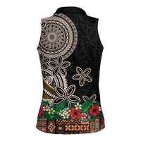 Samoa Siapo Polynesian Art Women Sleeveless Polo Shirt Tropical Flowers and Tatau Pattern Brown