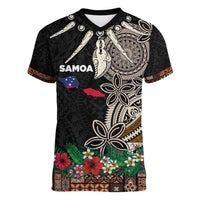 Samoa Siapo Polynesian Art Women V-Neck T-Shirt Tropical Flowers and Tatau Pattern Brown