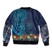 Samoa Siapo Polynesian Art Bomber Jacket Tropical Flowers and Tatau Pattern Navy