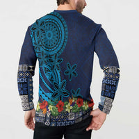 Samoa Siapo Polynesian Art Button Sweatshirt Tropical Flowers and Tatau Pattern Navy