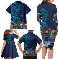 Samoa Siapo Polynesian Art Family Matching Long Sleeve Bodycon Dress and Hawaiian Shirt Tropical Flowers and Tatau Pattern Navy