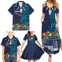 Samoa Siapo Polynesian Art Family Matching Summer Maxi Dress and Hawaiian Shirt Tropical Flowers and Tatau Pattern Navy