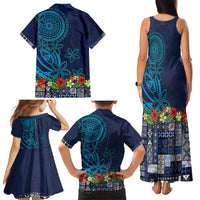 Samoa Siapo Polynesian Art Family Matching Tank Maxi Dress and Hawaiian Shirt Tropical Flowers and Tatau Pattern Navy