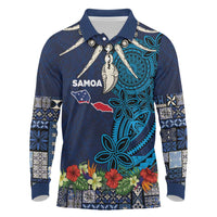 Samoa Siapo Polynesian Art Long Sleeve Polo Shirt Tropical Flowers and Tatau Pattern Navy