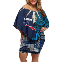 Samoa Siapo Polynesian Art Off Shoulder Short Dress Tropical Flowers and Tatau Pattern Navy