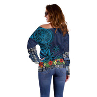Samoa Siapo Polynesian Art Off Shoulder Sweater Tropical Flowers and Tatau Pattern Navy