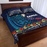 Samoa Siapo Polynesian Art Quilt Bed Set Tropical Flowers and Tatau Pattern Navy