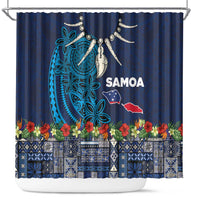 Samoa Siapo Polynesian Art Shower Curtain Tropical Flowers and Tatau Pattern Navy