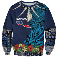 Samoa Siapo Polynesian Art Sweatshirt Tropical Flowers and Tatau Pattern Navy