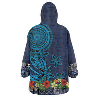 Samoa Siapo Polynesian Art Wearable Blanket Hoodie Tropical Flowers and Tatau Pattern Navy