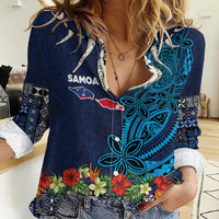 Samoa Siapo Polynesian Art Women Casual Shirt Tropical Flowers and Tatau Pattern Navy