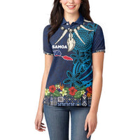 Samoa Siapo Polynesian Art Women Polo Shirt Tropical Flowers and Tatau Pattern Navy
