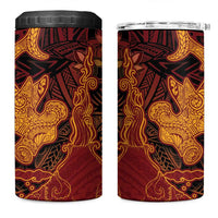 Hawaiian Volcano and Shark 4 in 1 Can Cooler Tumbler Polynesian and Hibiscus Pattern Lava Color