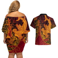 Hawaiian Volcano and Shark Couples Matching Off Shoulder Short Dress and Hawaiian Shirt Polynesian and Hibiscus Pattern Lava Color LT03 - Polynesian Pride