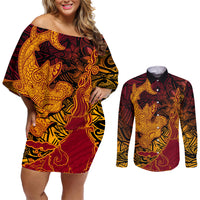 Hawaiian Volcano and Shark Couples Matching Off Shoulder Short Dress and Long Sleeve Button Shirt Polynesian and Hibiscus Pattern Lava Color