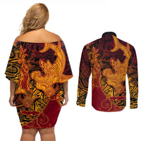 Hawaiian Volcano and Shark Couples Matching Off Shoulder Short Dress and Long Sleeve Button Shirt Polynesian and Hibiscus Pattern Lava Color LT03 - Polynesian Pride