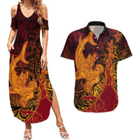 Hawaiian Volcano and Shark Couples Matching Summer Maxi Dress and Hawaiian Shirt Polynesian and Hibiscus Pattern Lava Color LT03 Red - Polynesian Pride