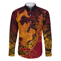 Hawaiian Volcano and Shark Family Matching Puletasi and Hawaiian Shirt Polynesian and Hibiscus Pattern Lava Color LT03 Dad's Shirt - Long Sleeve Red - Polynesian Pride