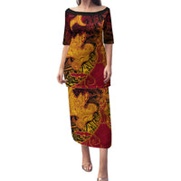 Hawaiian Volcano and Shark Family Matching Puletasi and Hawaiian Shirt Polynesian and Hibiscus Pattern Lava Color LT03 Mom's Dress Red - Polynesian Pride