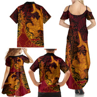 Hawaiian Volcano and Shark Family Matching Summer Maxi Dress and Hawaiian Shirt Polynesian and Hibiscus Pattern Lava Color