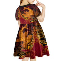 Hawaiian Volcano and Shark Kid Short Sleeve Dress Polynesian and Hibiscus Pattern Lava Color
