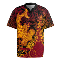Hawaiian Volcano and Shark Rugby Jersey Polynesian and Hibiscus Pattern Lava Color