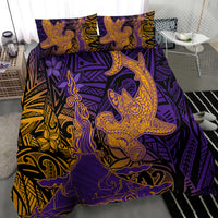 Hawaiian Volcano and Shark Bedding Set Polynesian and Hibiscus Pattern Purple Yellow Gradient