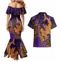 Hawaiian Volcano and Shark Couples Matching Mermaid Dress and Hawaiian Shirt Polynesian and Hibiscus Pattern Purple Yellow Gradient LT03 - Polynesian Pride