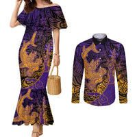 Hawaiian Volcano and Shark Couples Matching Mermaid Dress and Long Sleeve Button Shirt Polynesian and Hibiscus Pattern Purple Yellow Gradient LT03 Purple - Polynesian Pride