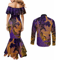 Hawaiian Volcano and Shark Couples Matching Mermaid Dress and Long Sleeve Button Shirt Polynesian and Hibiscus Pattern Purple Yellow Gradient LT03 - Polynesian Pride