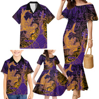 Hawaiian Volcano and Shark Family Matching Mermaid Dress and Hawaiian Shirt Polynesian and Hibiscus Pattern Purple Yellow Gradient