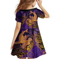 Hawaiian Volcano and Shark Family Matching Off Shoulder Short Dress and Hawaiian Shirt Polynesian and Hibiscus Pattern Purple Yellow Gradient